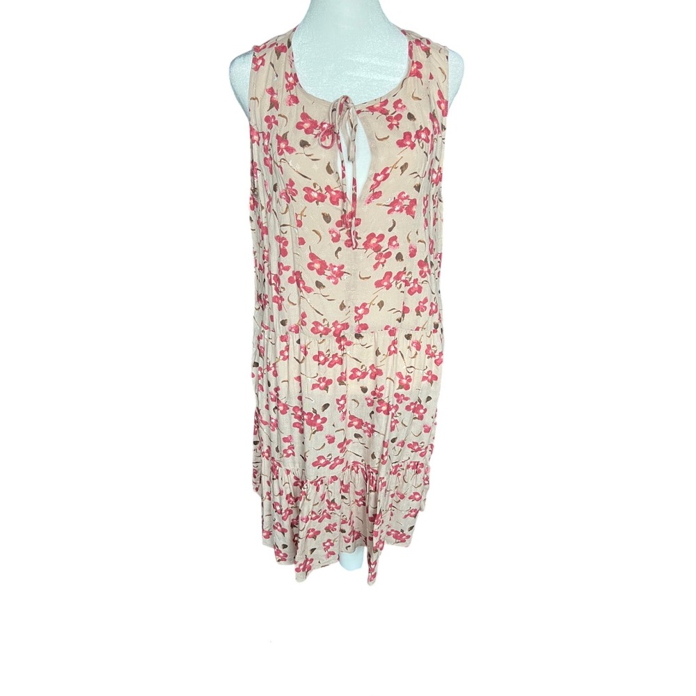 Studio B by Bobeau Women Pink Floral Tiered Boho Sleeveless Tie Neck Dress Large